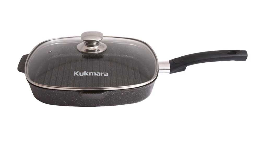 Сковорода гриль квадратная Kukmara 28см со съемной ручкой, стекл.крышкой, АП линия "Granit ultra"